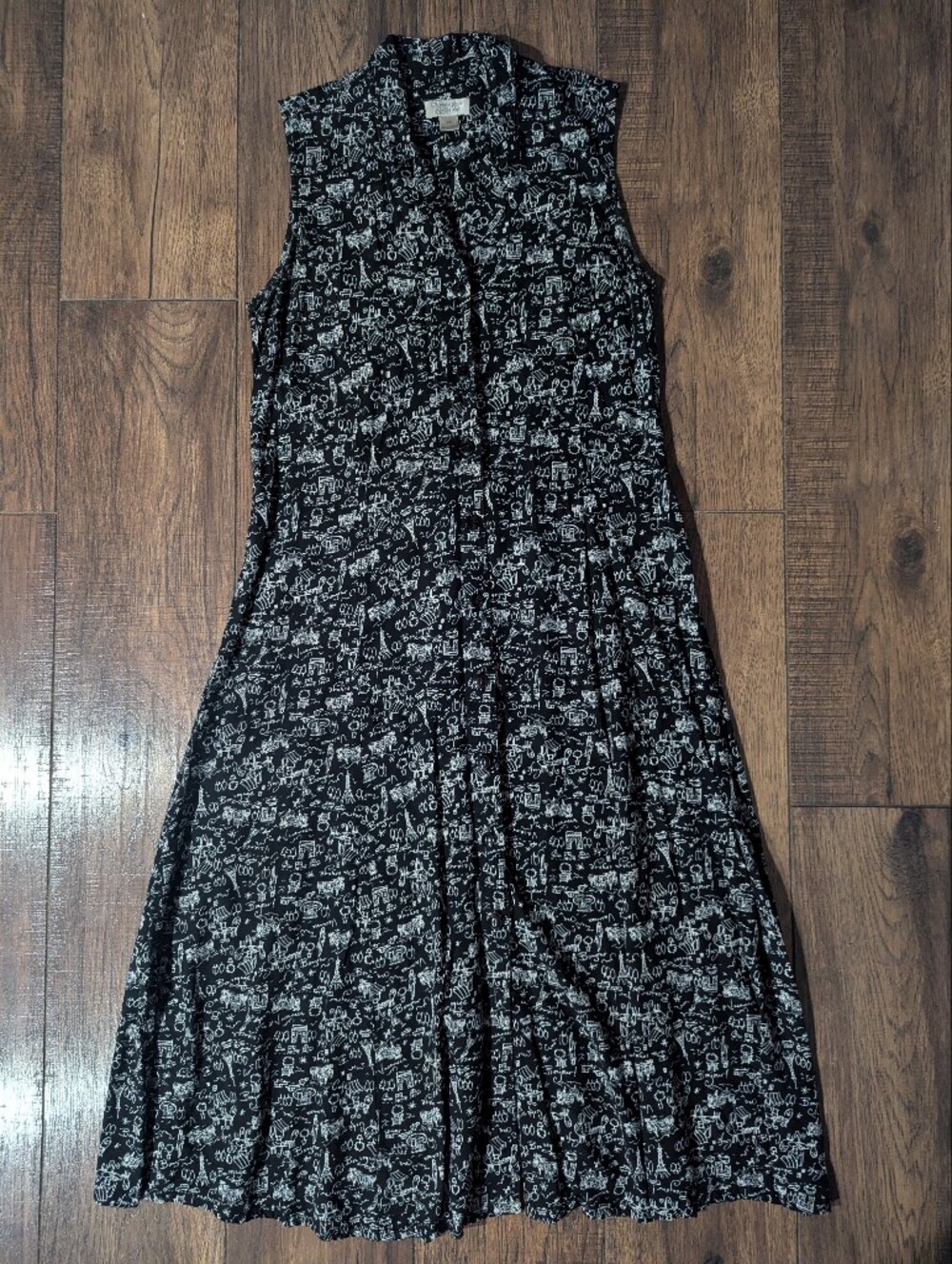 Christopher & Banks Black Midi Shirt Dress Paris Landmarks Accent Print Size 10